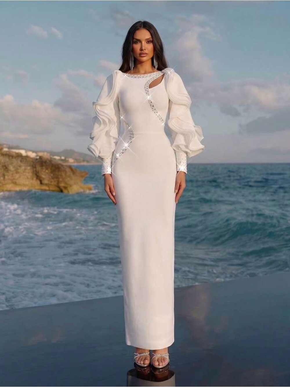 Elegant White Long Sleeve Evening Gown with Statement Ruffle Sleeves